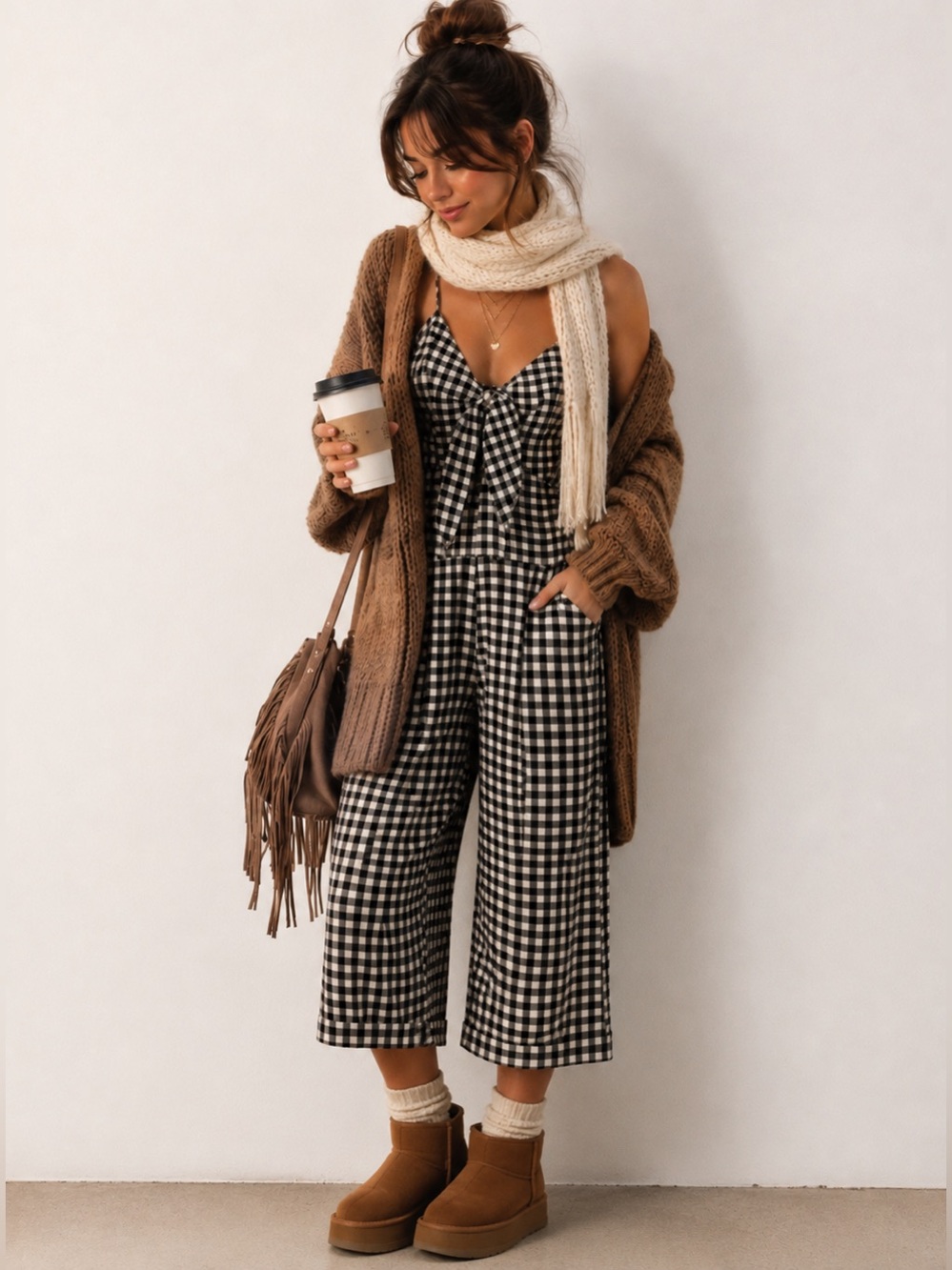 Cozy Gingham Cropped Wide Leg Jumpsuit | Black & White | Size Small